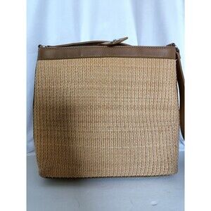Vintage FOSSIL Brand Woven Natural Straw Leather Trim Shoulder Purse Handbag